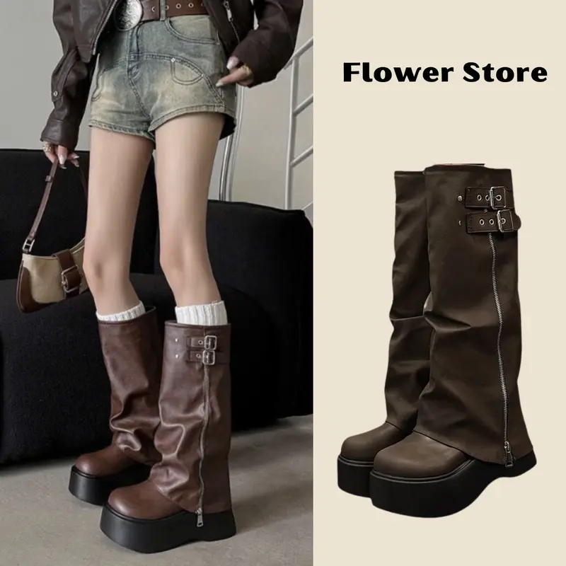 [ MUA 1 TẶNG 1 ]  Giày Bốt Đùi Nữ Đế Cao Ống Rộng Khóa Kim Loại Cao Cấp Cá Tính B07 - Boot, Shoes - Tặng 1d tất thêu hình ngẫu nhiên 4