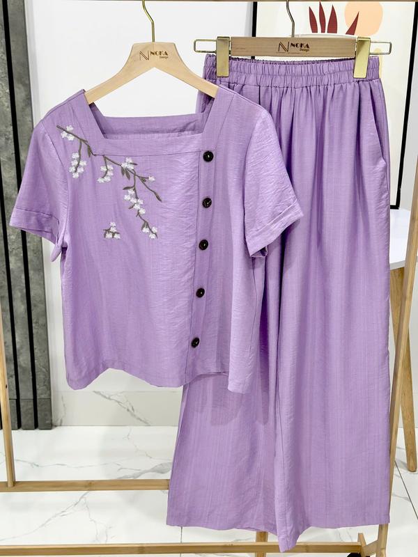 BỘ ĐŨI TƠ HÀN thêu hoạ tiết B402 - THIẾT KẾ NOKA, Dáng suông thoải mái, chất đũi tơ hàn mát, mềm, nhẹ, size S- 2XL (40 - 70kg) Nữ Women Áo Top Ong