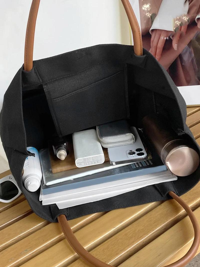 Product Introduction of White Black Shoulder Bag Classic Canvas Books Storage Handbag Snap Fastener Tote Bolso Student Books Storage Bags Bolsa Femimina 9