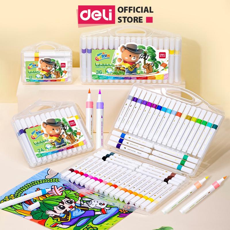 Bộ bút dạ màu, bút lông Marker học sinh rửa được Deli - 12/24/36/48 Màu viết Calligraphy tô màu vẽ tranh trang trí sổ