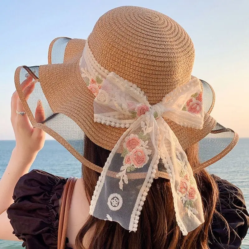 New Floral Ribbon Sun Hat for Women, Sweet Lace Sun Hat for Beach Vacation, Summer Wide Brim Straw Hat