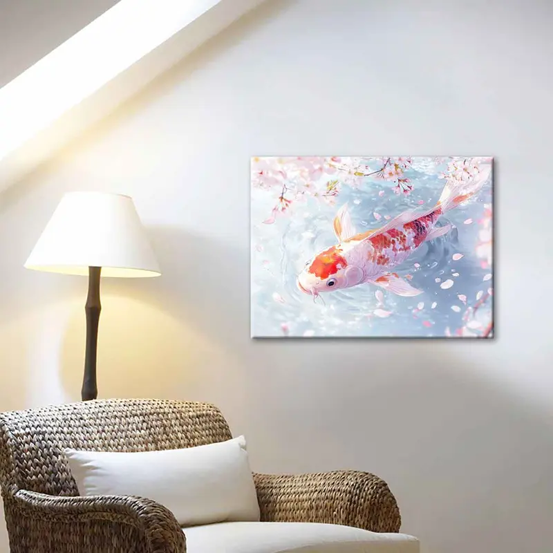 Koi Fish & Cherry Blossoms Pattern Canvas Painting with Frame, Modern Wall Art Painting, Wall Decor for Home Living Room Bedroom Office 3