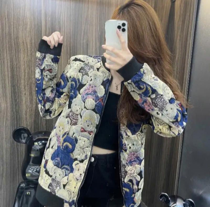 Áo Khoác Bomber Unisex Nam Nữ Hai Lớp GẤM HỌA TIẾT Gấu Bản Kéo Khóa Menswear