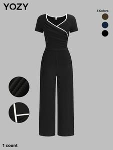 YOZY Women's Colorblock Contrast Binding Wrap Jumpsuit, Casual Sweetheart Neck Short Sleeve Jumpsuit for Daily Wear, Ladies Clothes for All Seasons