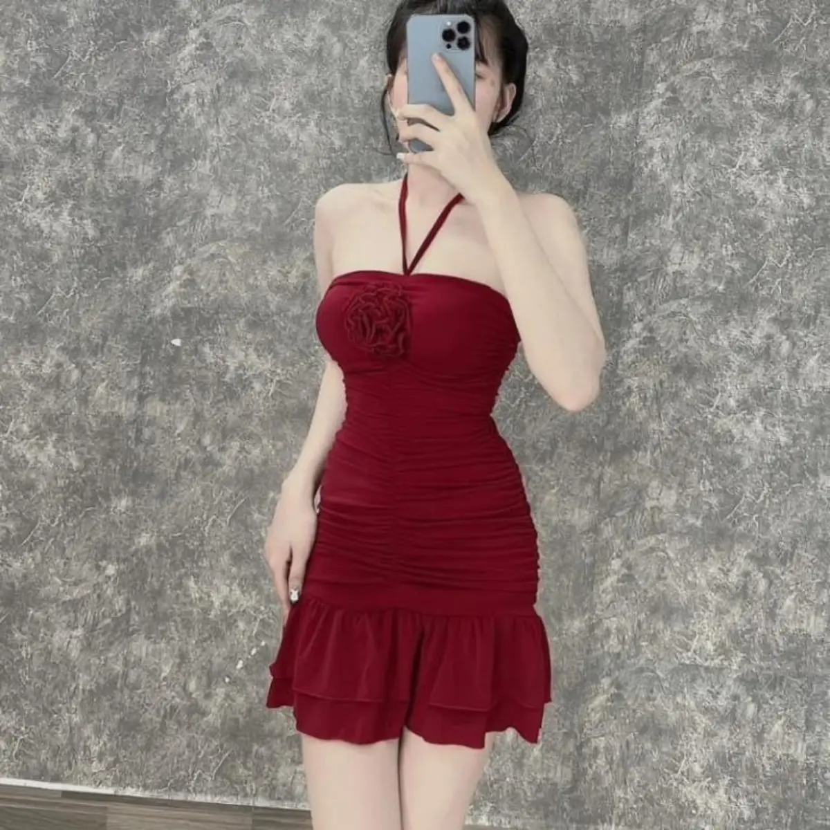 Váy Body Dây Choàng Cổ Nhúm Hông, Đầm Nữ Dáng Ngắn Đính Bông Hồng Siêu Xinh Đi Tiệc Đi Chơi LOTENA D127 Women Dress Nhung Voan Nhung Voan