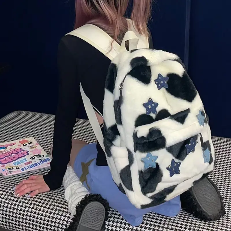 Tas ransel wanita import tas cewek sekolah kece Ransel Wanita Bintang Lima Milenial yang Menggemaskan dengan Desain Leopard Cocok untuk Mahasiswa Serba Guna Terbuat dari Bulu-Bulu Halus Gaya Niche dan Fleksibel Backpack tas ransel sekolah cewek QX152 6