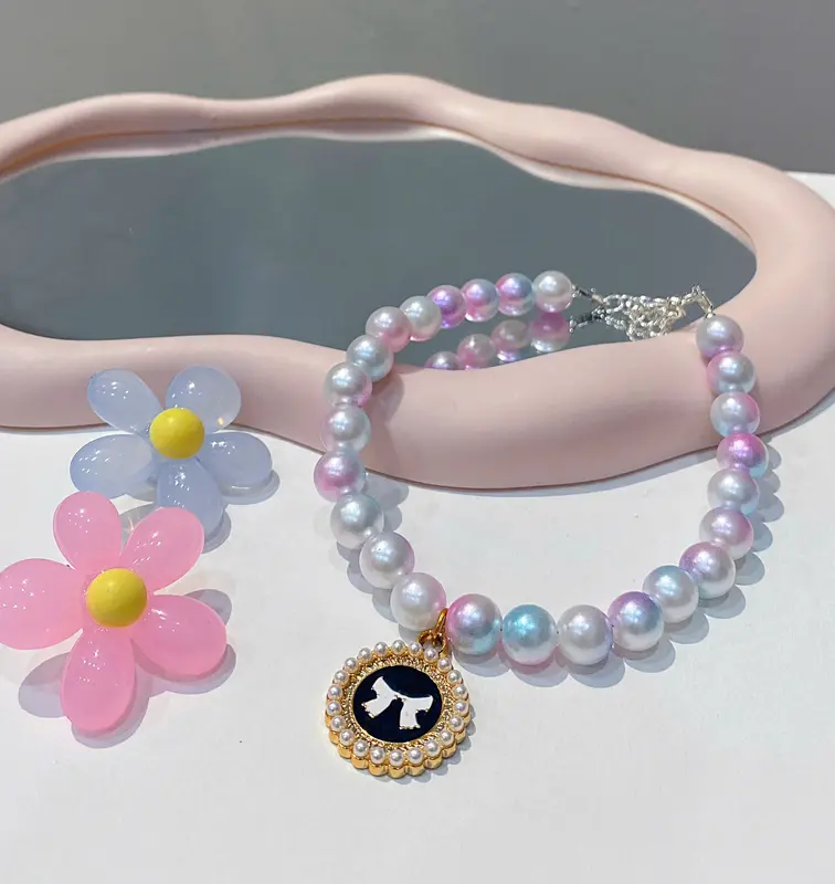 Dây Đeo Cổ Mèo, Chó Cưng Dễ Thương, Vòng Hạt Châu Ánh Tím Đa Sắc Mix Charm Ngộ Nghĩnh 3
