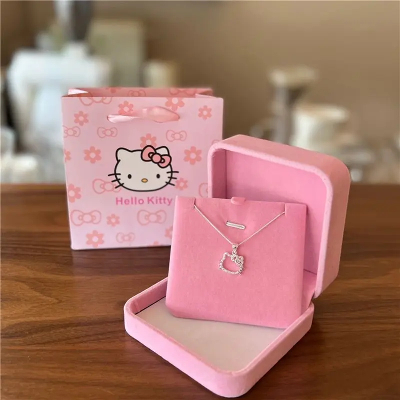 Kawaii Hello Kitty Sanrio Pink  Necklace Silver Alloy Anime Chain Female Charm Valentine Accessories Girl Gift