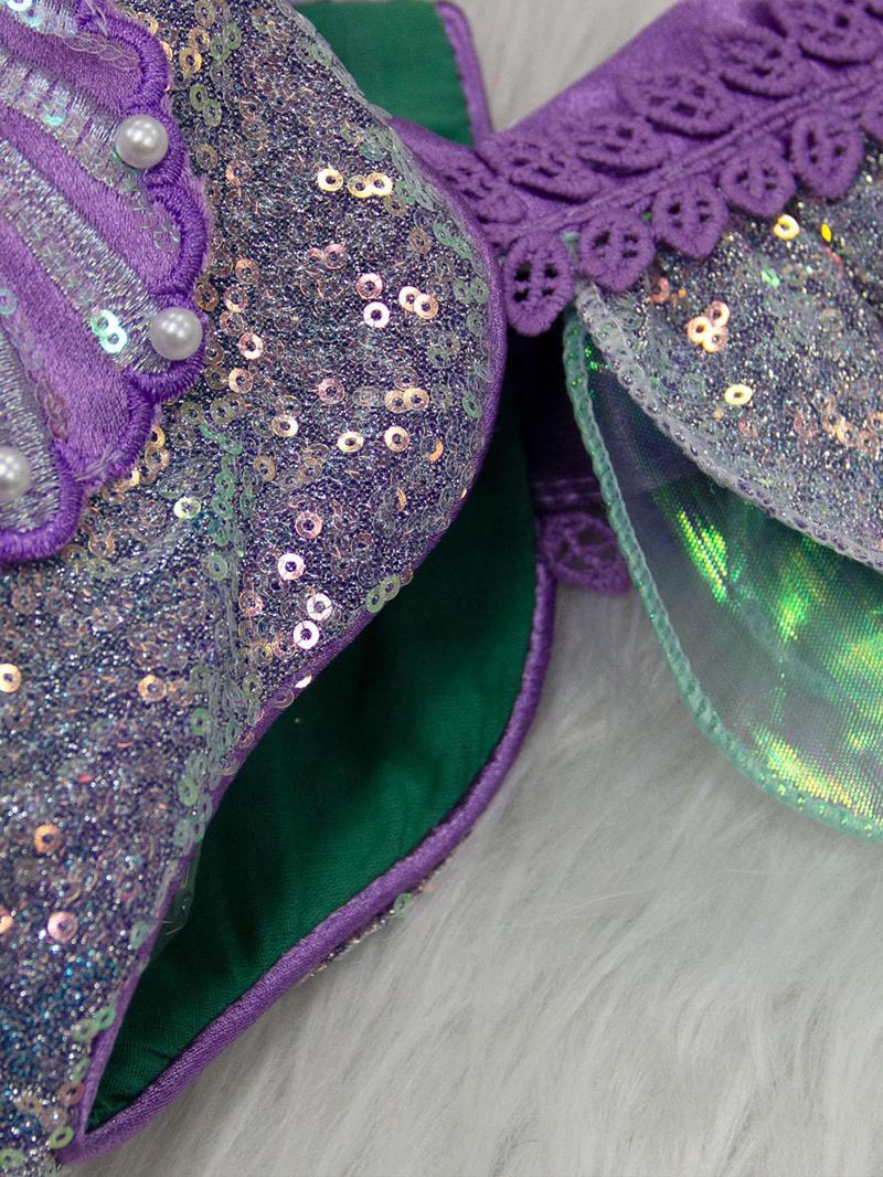Product Introduction of Girl's Contrast Sequin Faux Pearls Decor Butterfly Sleeve Zipper Back Costume Dress with Necklace & Bracelet & Earrings & Ring & Bag & Hairpin, Fancy Mermaid Costume Dress with Accessories Costume for Party Show, Kids Birthday Party Clothes 15