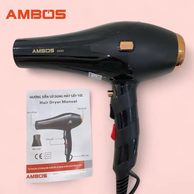 Máy sấy tóc Ambos bản Cao Cấp AM83 sấy 3 mức nhiệt nóng lạnh, ion âm và ánh sáng nano xanh giúp mượt tóc chống khô xơ, có chế độ ngắt bảo vệ quá nhiệt, lực sấy mạnh, bảo hành đổi trả toàn quốc 6