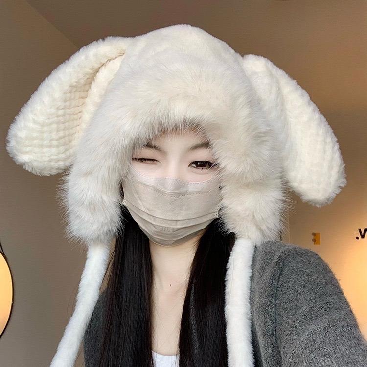 Mũ len lông tai thỏ dài chùm đầu ấm áp kèm quả bông dễ thương Hat