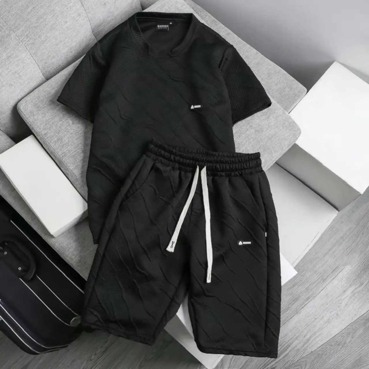 Bộ quần áo nam nữ cộc tay AN SPORT cotton xốp vân sóng,có thể giặt bằng máy giặt BHX01