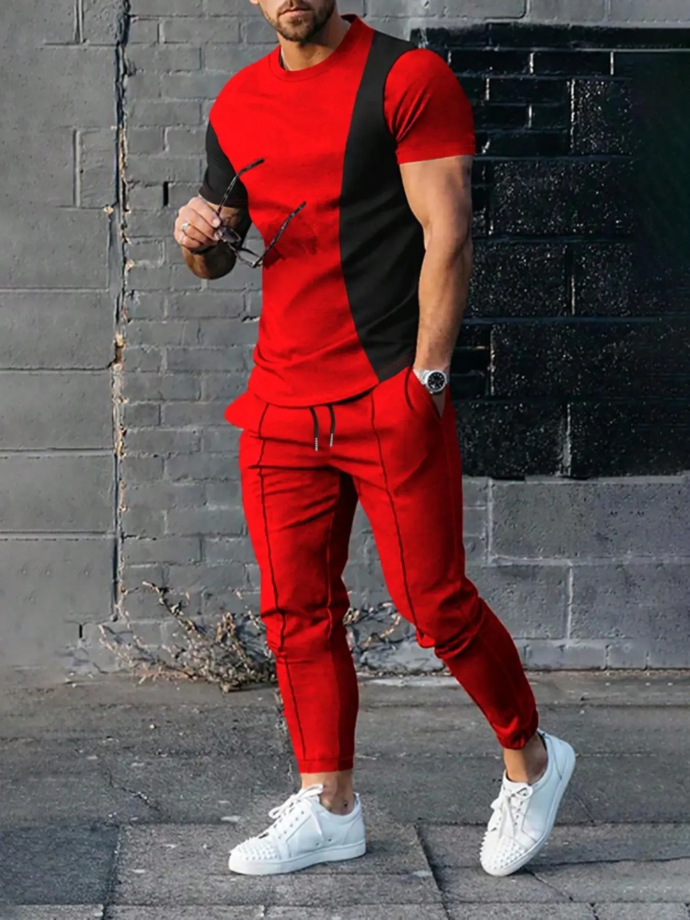 Men's Colorblock Patchwork Tee & Plain Sweatpants Set, Regular Fit Short Sleeve T-shirt & Drawstring Waist Pocket Jogger Pants, National Day Clothing, Mens Clothing, Men's Summer Outfits, Casual Trousers & Top