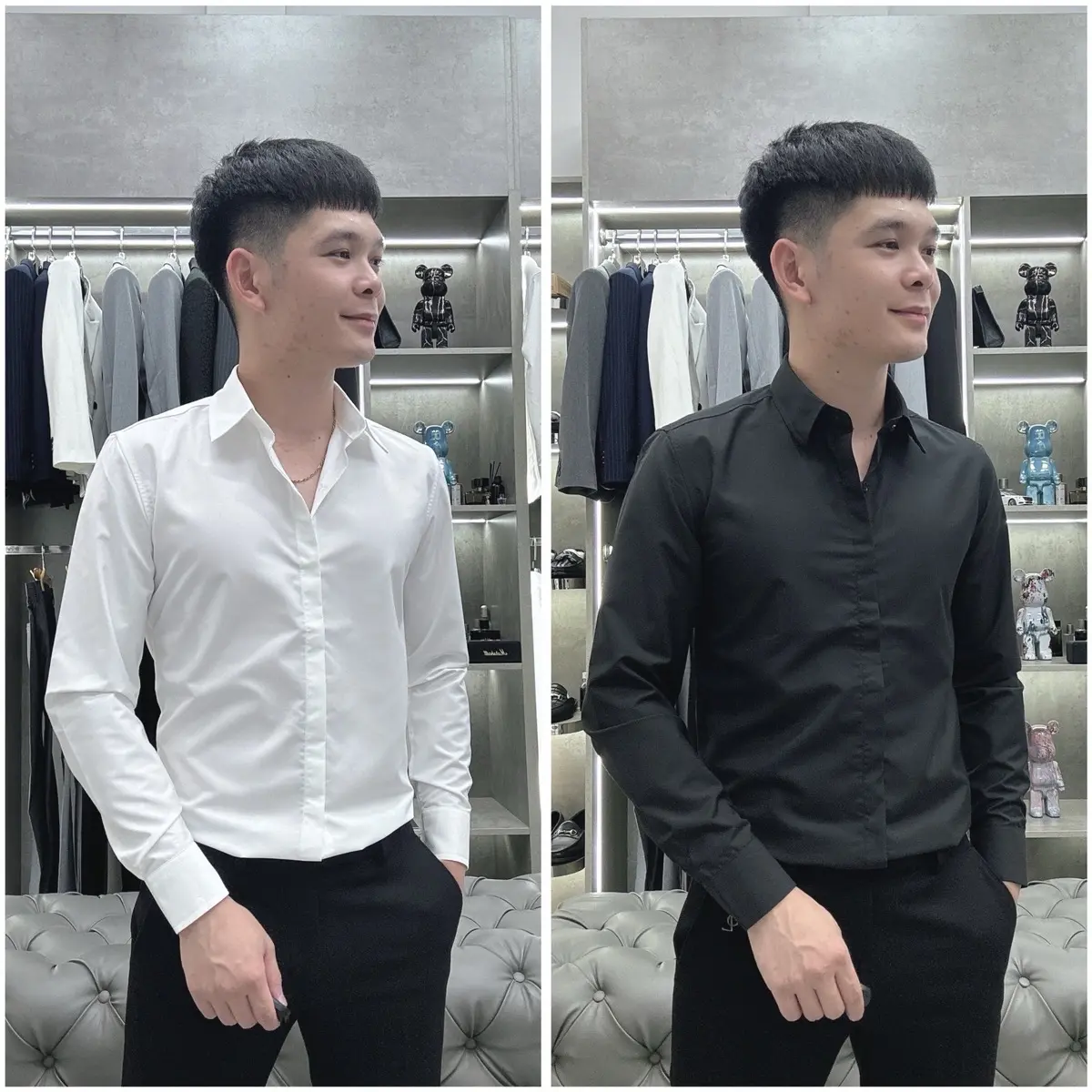 Áo sơ mi nam trơn trắng đen giấu khuy