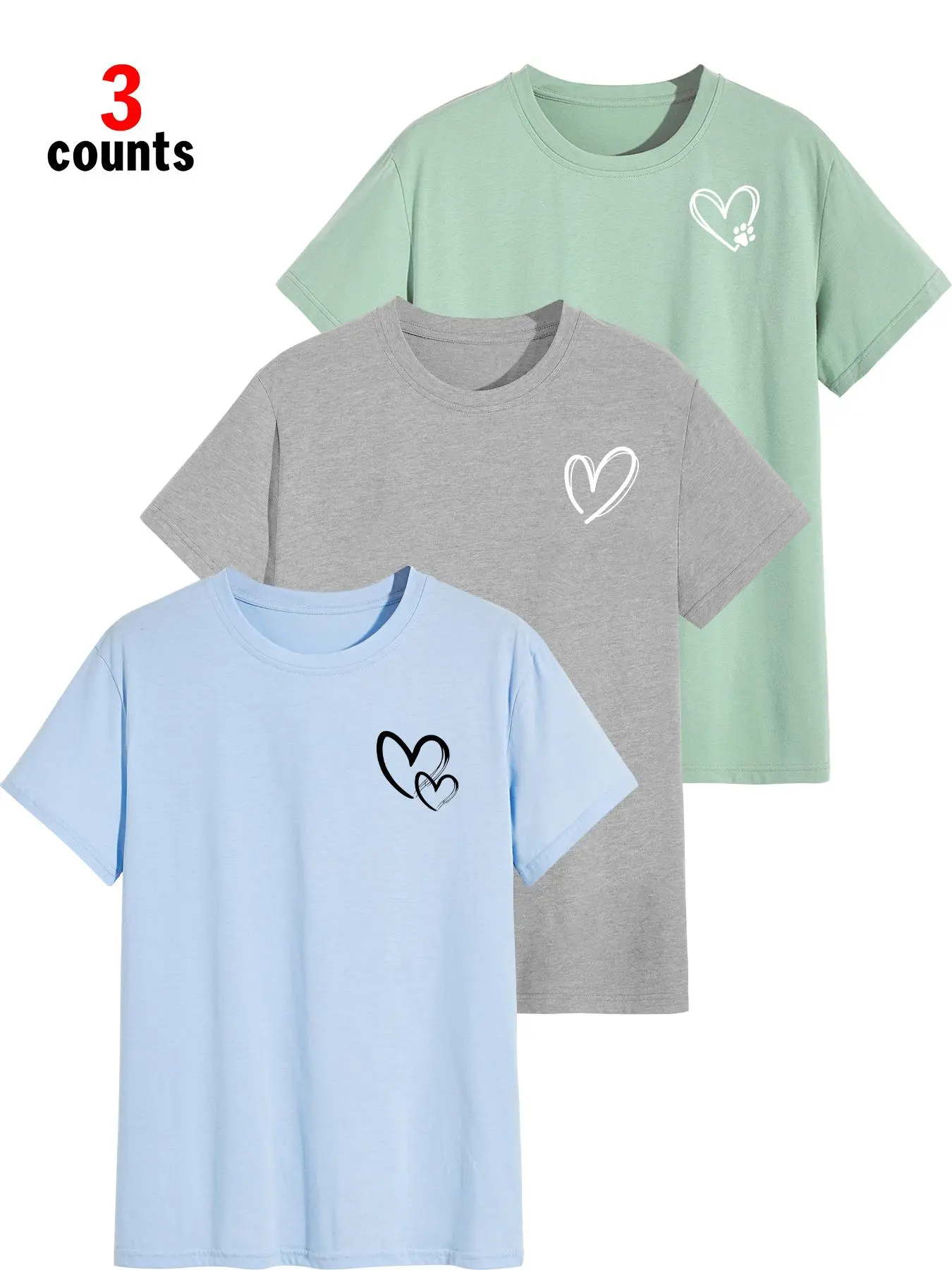 Women's Heart Print Round Neck Tee, Casual Short Sleeve Crew Neck T-Shirt for Summer, Fashion Women's Top for Daily Wear