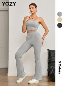 YOZY Crop Tube Top & Flare Leg Pants Set/ Casual Comfy Solid Sleeveless Top & High Waist Bell Bottom Trousers, 2024 Women's Daily Wear for Spring & Summer & Autumn