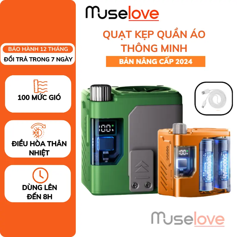 Quạt Tích Điện MUSELOVE, Kẹp Quần Áo, Dung Lượng 10000mAh, Sử Dụng Lên Đến 8h, 100 Mức Độ Gió-QQA01 0