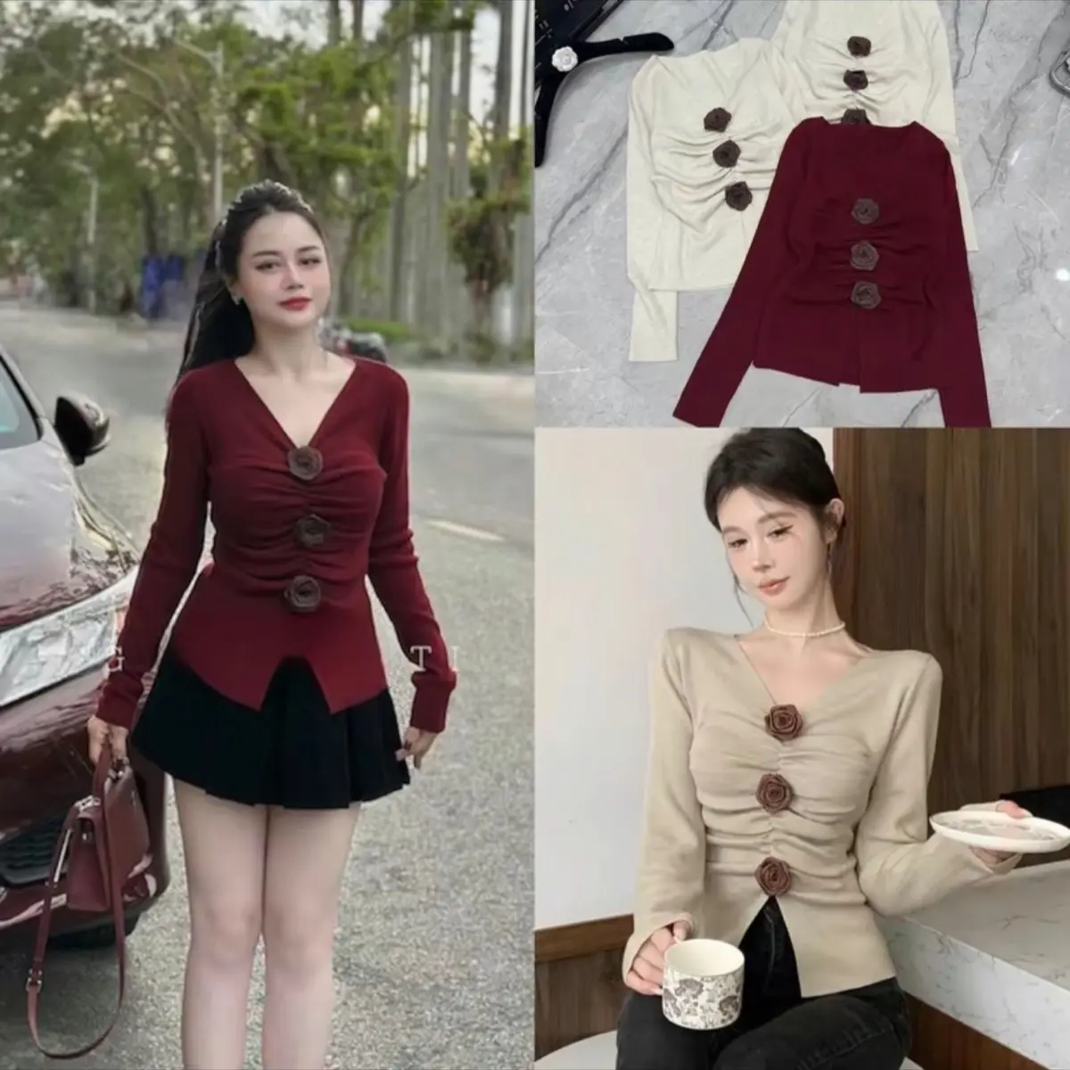 ￼Áo len cổ V dúm ngực 3 bông hoa cài rời , hàng QC ( kèm video và ảnh thật )