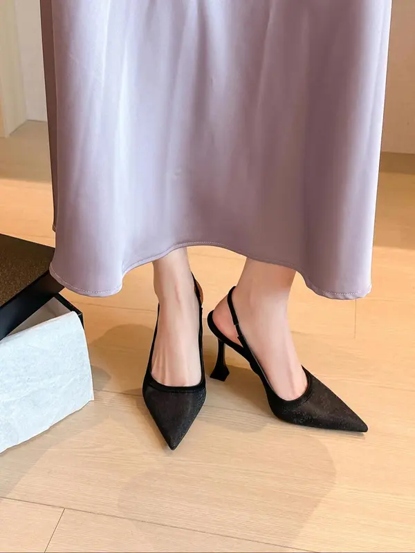 Women's Solid Color Pointed Toe High Heel Shoes, Elegant Fashionable Black Heels for Party, Daily Clothing Decor, Back Empty Versatile Shoes for Women, Footwear 2