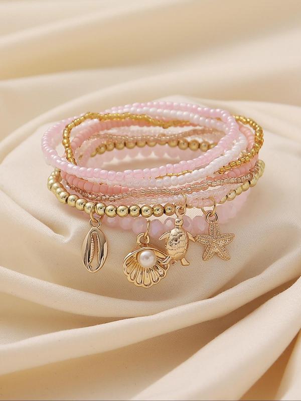 Boho Style Beaded Bracelet, Faux Pearl & Starfish & Shell Decor Charm Bracelet, Fashion Jewelry Accessories for Women & Girls 2