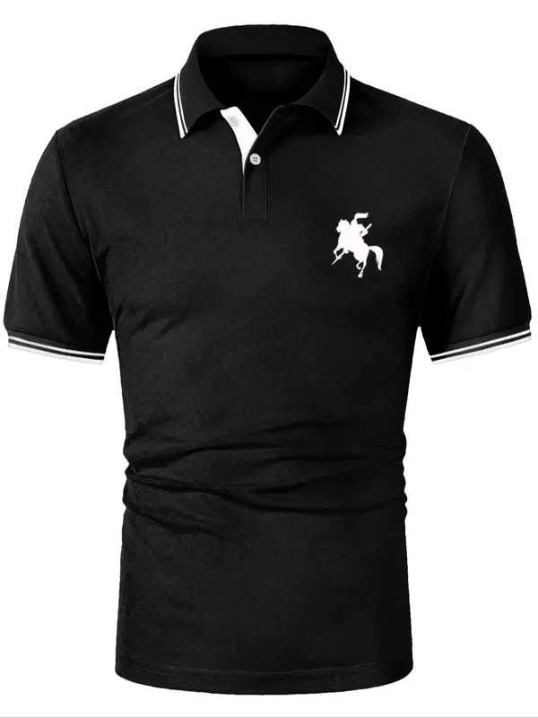 Men's Regular Fit Horse Print Contrast Trim Polo Shirt, Casual Short Sleeve Half Button Collar Top for Summer, Fashion Men's Clothes for Daily Wear 1