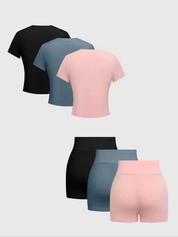 Women's Solid Round Neck Tee & Skinny Shorts Set, Casual Short Sleeve T-shirt & Short Leggings, Ladies Summer Clothes, Matching Set 4
