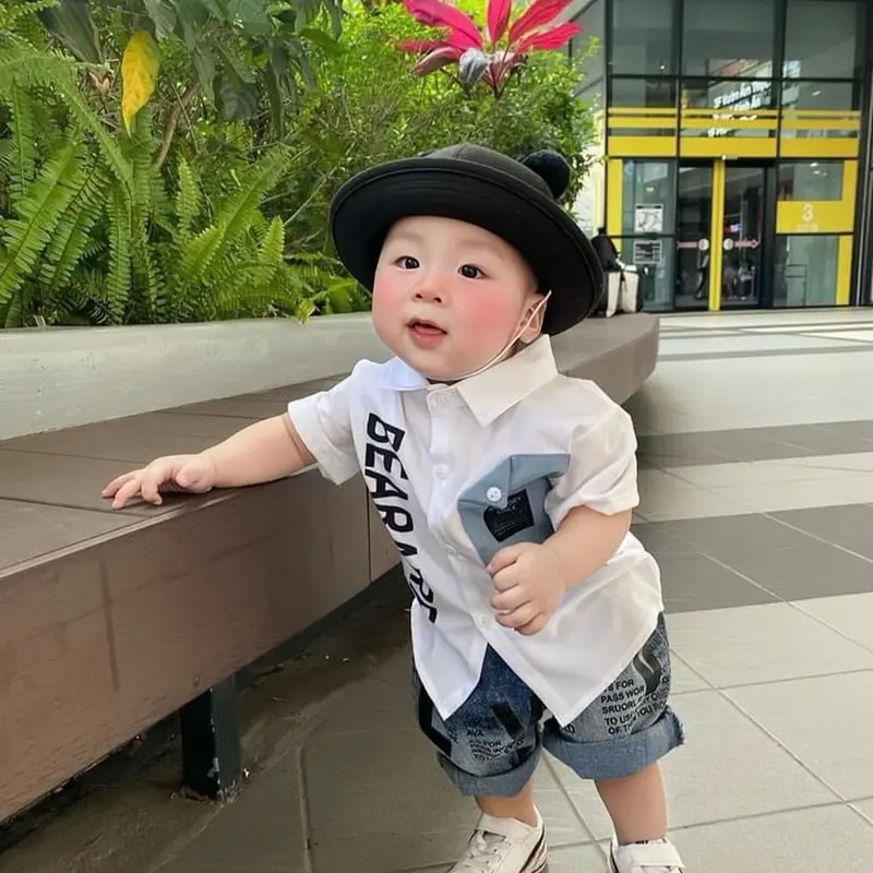 [2 Bộ TẶNG MŨ 45K] Bộ sơ mi BEAR cho bé 8-26kg áo sơ mi chất thô lụa kèm quần jean mềm cho bé đi học đi chơi Quần Bò 2