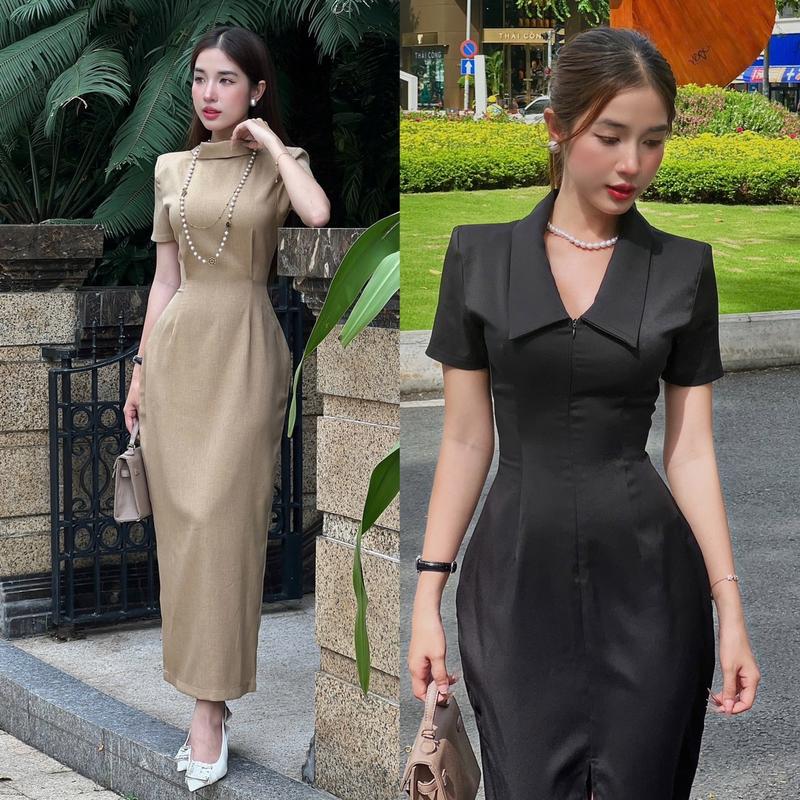 (TẶNG KÈM HOA CÀI) Đầm Cổ Sơmi Mặc 2 Kiểu Đệm Vai Thanh Lịch Dáng Dài size Xs S M L Váy Hela xinh sang chảnh váy đi biển đẹp