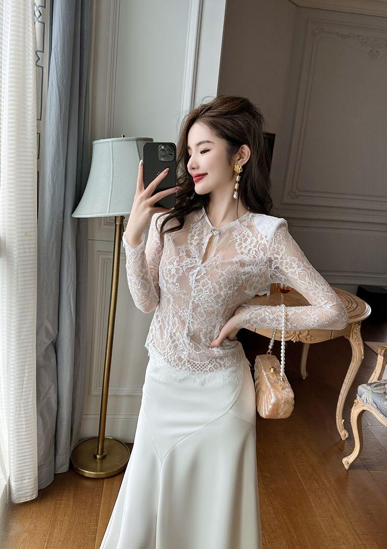 Product Introduction of Áo Lớp, Thiết Kế Thời Trang Dễ Phối Đồ, Chất Liệu Ren khoét Độc Đáo Phong Cách Gợi Cảm, Chống Lão Hóa, Tay Dài, Cao Cấp, Áo Trắng, Dành Cho Nữ 5
