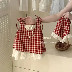 Ready Girls Summer Vest Skirt New Baby Red Plaid Fake Two-piece Dress Children's Summer Suspender Skirt T36 Bayi