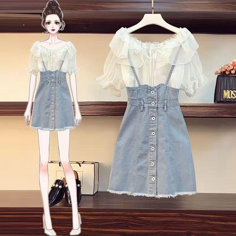 Váy / Bộ Đồ Không Lót, Quần Áo Nữ Cỡ Lớn Mới, Giấu Bụng, Cô Gái Béo, Váy Hai Dây Denim, Bộ Hai Mảnh Nhỏ, Umi, Nhung Women 0