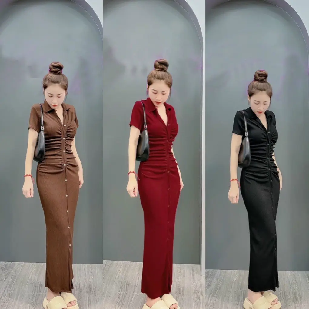 Đầm ôm cổ trụ tay ngắn dáng dài phối nút nhún eo - chất thun gân Nữ  Dress Women