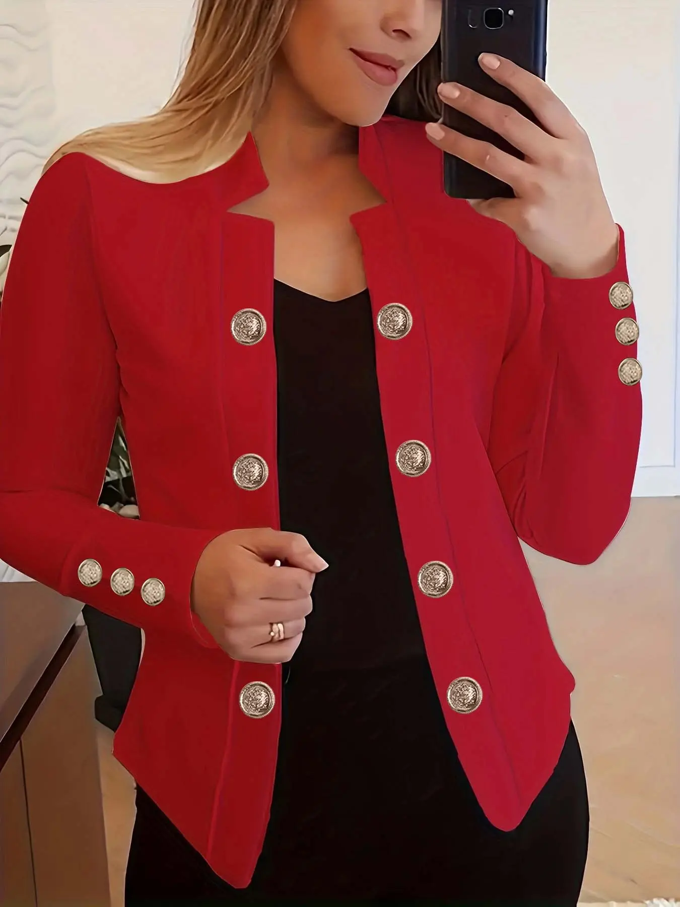【Plus Size】 Women's Solid Color Double Button Open Front Jacket, Casual Long Sleeve Outerwear for Fall & Winter, Women's Clothes for Daily Wear