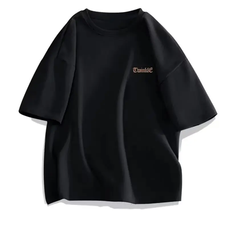 Trendy American High Street Retro Print Short Sleeve Men's Summer Letter T-Shirt Black Summer Crew Neck Five-Quarter Sleeve Trendy Brand