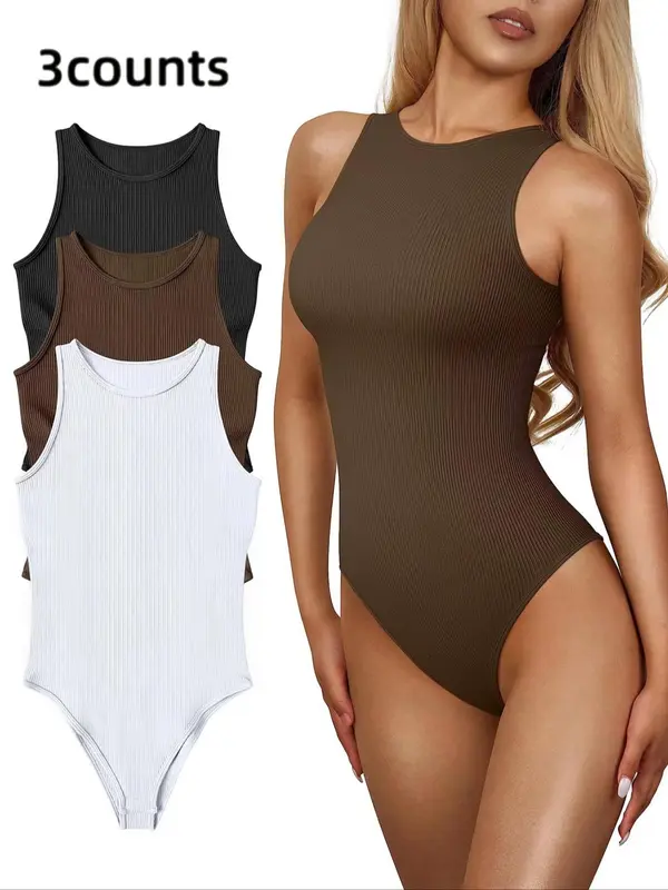 Women's Solid Round Neck Sports Bodysuit, Breathable Comfortable Sleeveless Tank Bodysuit for Yoga Gym Workout, Summer Outfits 2024, Ladies Sportswear for All Seasons 4