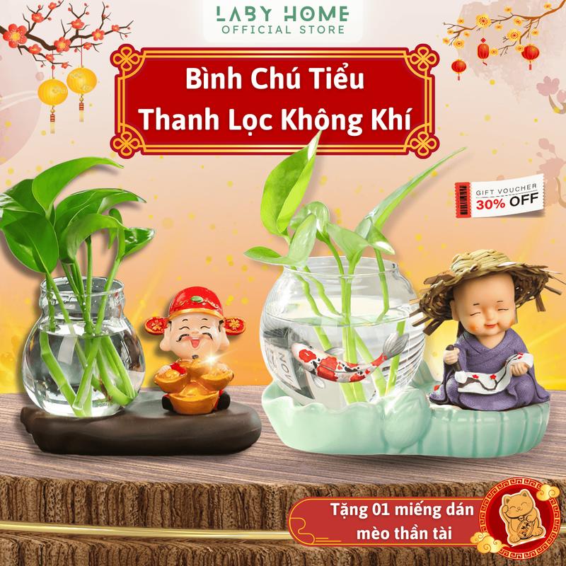 Combo Bình Thuỷ Canh Chú Tiểu 4 Không Đội Nón Rơm Kèm Đế Tráng Men Cao Cấp Lọ Thuỷ Sinh Decor Trang Trí Làm Việc Gốm Bát Bình Hoa Đồng