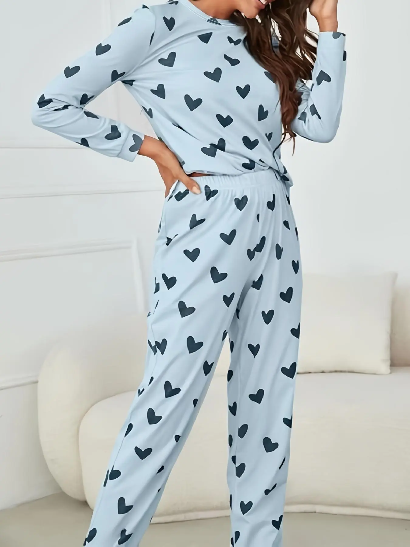 Two-Piece Set Women's Heart Print Round Neck Tee & Elastic Waist Pants Pyjama Set, Crew Neck Long Sleeve T-Shirt & Trousers Set, Fashion Soft PJ Homewear, Valentine's Day Gift, Casual Comfy Sleepwear Set for Women, Womenswear