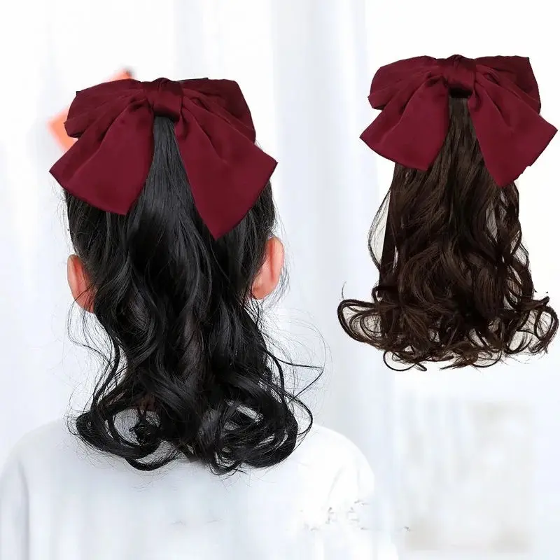 Rambut palsu ekor kuda kanak-kanak, perempuan, rambut kerinting ...