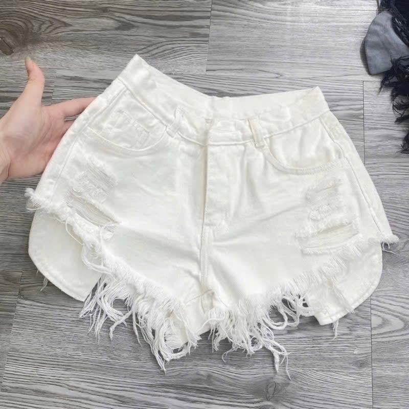 (Q012) [Ảnh thật] Quần short kaki jean lòi túi phối tua rua rách, quần đùi lộ túi cạp cao tôn dáng dài chân Nữ