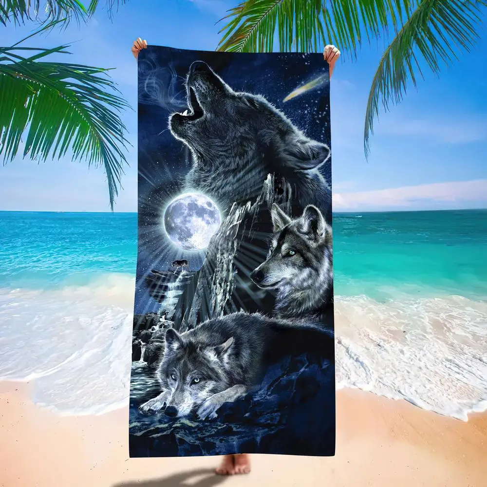 Moon Wolf Print Beach Towel, Beach Blanket, Mat, Soft Absorbent Quick Drying Bath Towel, Beach Towel, Beach Blanket, Mat for Men & Women, Multifunction Towel Towel for Swimming Yoga, Beach Trip, Travel Essentials, Vacation Sets, Gifts