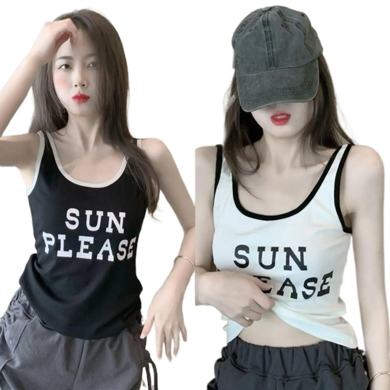 Single/Two Pieces Summer New Korean Style Printed Sports Style with Letters Strappy Sleeveless Tank Top Women's Bottoming Shirt Inner Wear Blouse Tube Lingerie Casual