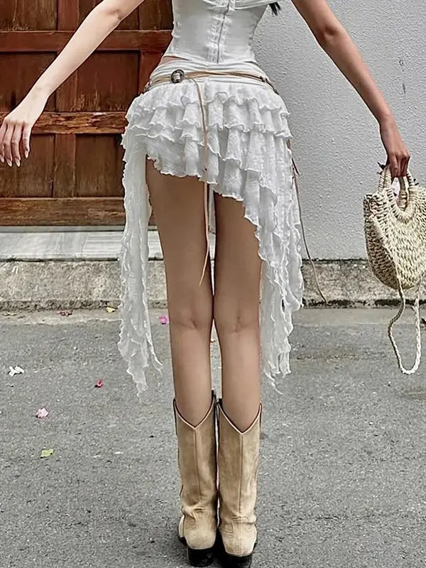 Women's Plain Ruffle Trim Lace Skirt without Belt, Y2k Fashion Casual Skirt for Daily Holiday Vacation Wear, Ladies Bottoms for Summer, Elegant Chic Skirt 1