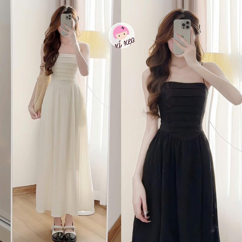 Váy 2 dây nữ xếp ly dáng dài, đầm maxi phong cách tiểu thư xixeoshop - V458