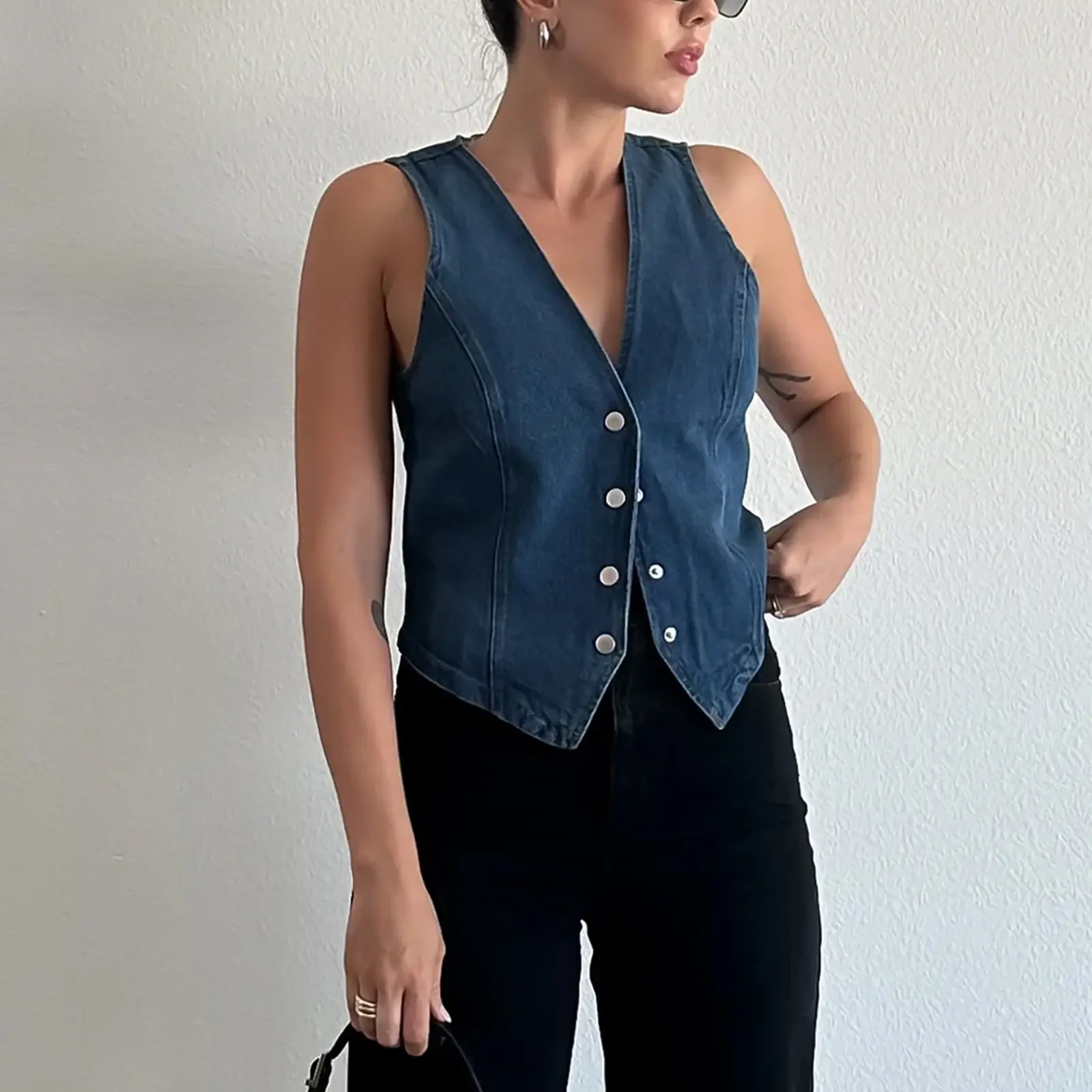 Women´s Denim Waistcoat Sleeveless V-Neck Tank Tops Single Breasted Jean Vintage Slim Vests Streetwear