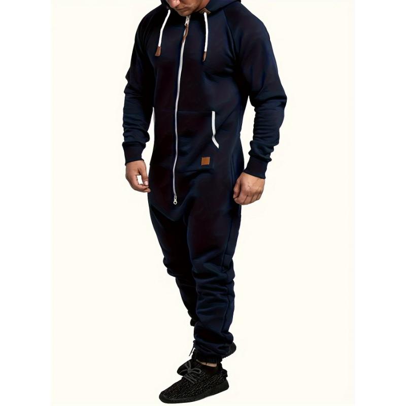 Men's Hooded Fleece Lined Jumpsuit, Long Sleeved Full Zip Pajamas With Kangaroo Pockets 1