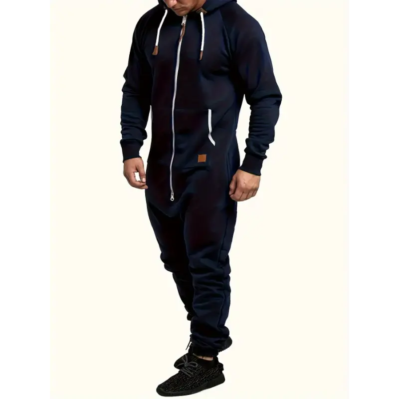 Men's Hooded Fleece Lined Jumpsuit, Long Sleeved Full Zip Pajamas With Kangaroo Pockets 1