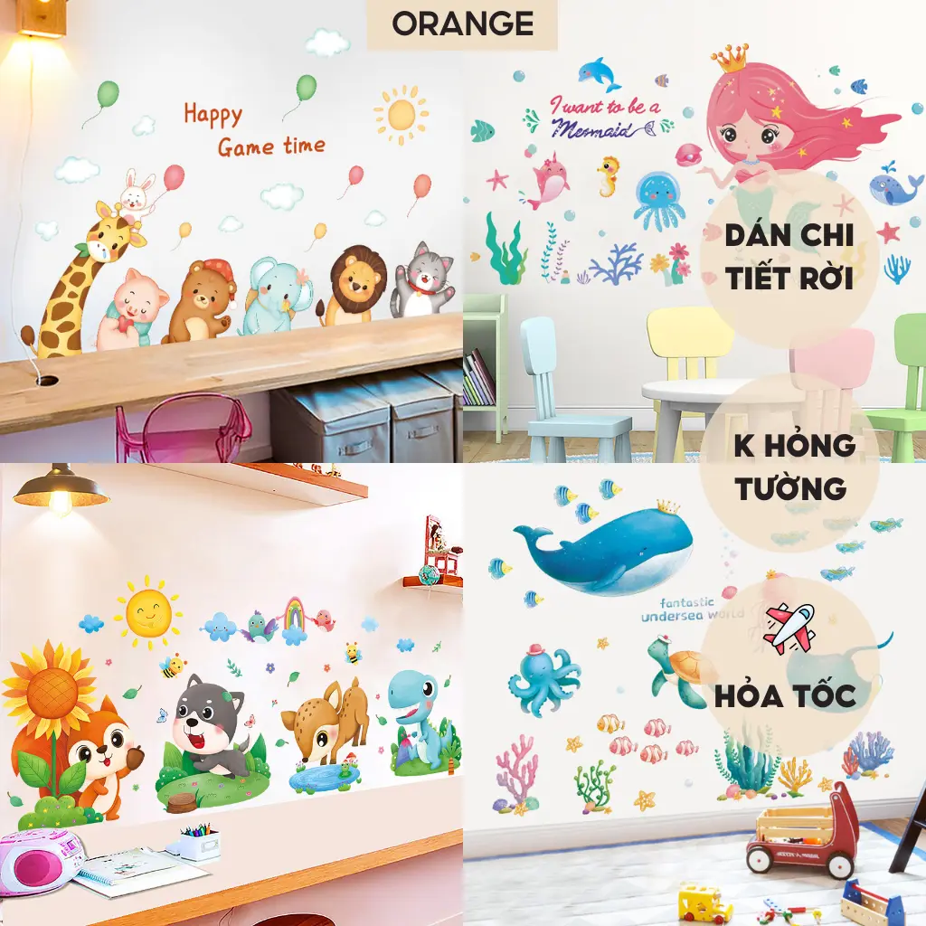 Decal dán tường trang trí phòng ngủ cho bé gái trai hình hoạt hình thước đo chiều cao không thấm nước dính chắc