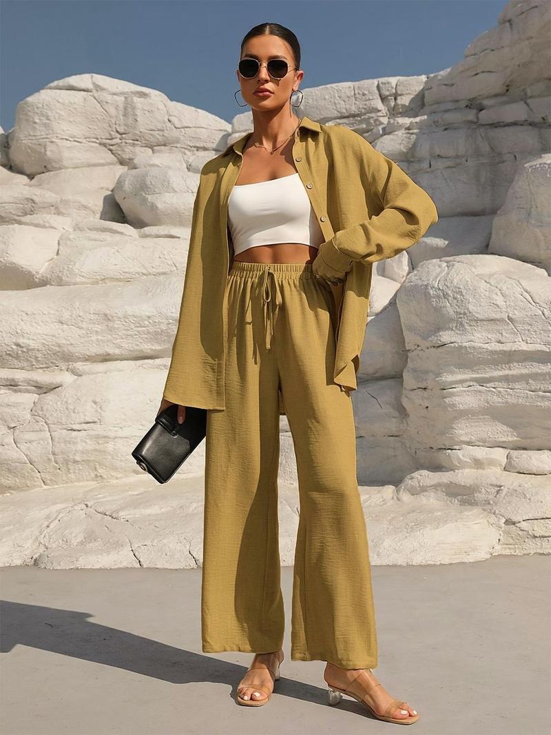 Product Introduction of WOMEN'S solid button front shirt & tie front wide leg pants two-piece set; casual drop shoulder long sleeve top & high waist settee 2 piece set for spring & Fall, WOMEN'S lounge clothes for daily wear 6