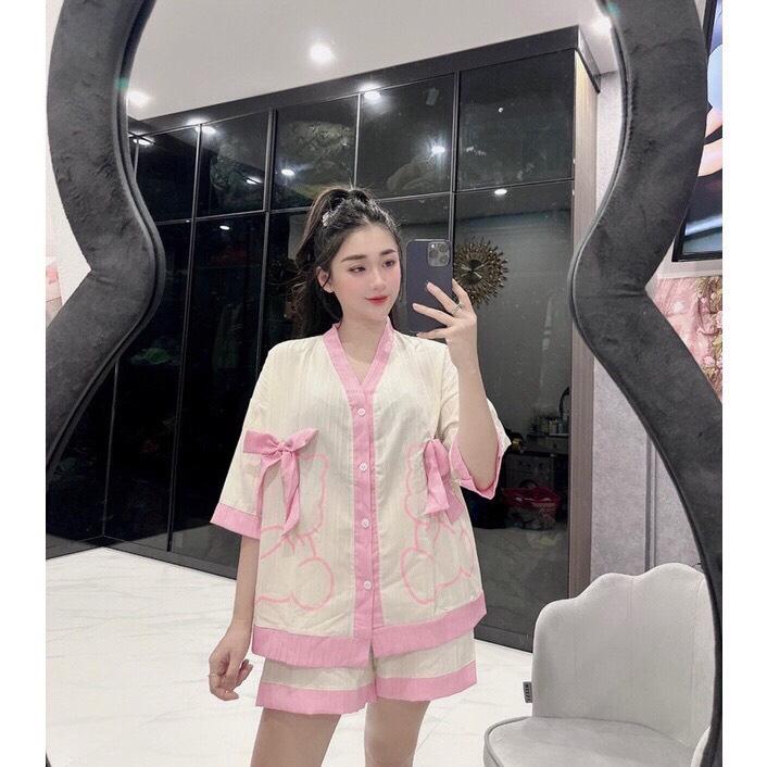 Product Introduction of Bộ gấu IN tay ngắn quần đùi (lẻ 1 bộ) chất vải đũi gân mùa hè size 40-60kg 3