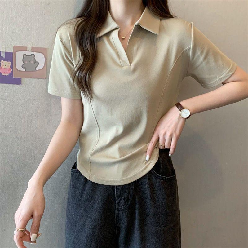 Product Introduction of Summer New Korean Style Polo Collar Solid Color Short-Sleeved Top for Women Slim Casual All-Match T-shirt Women 16